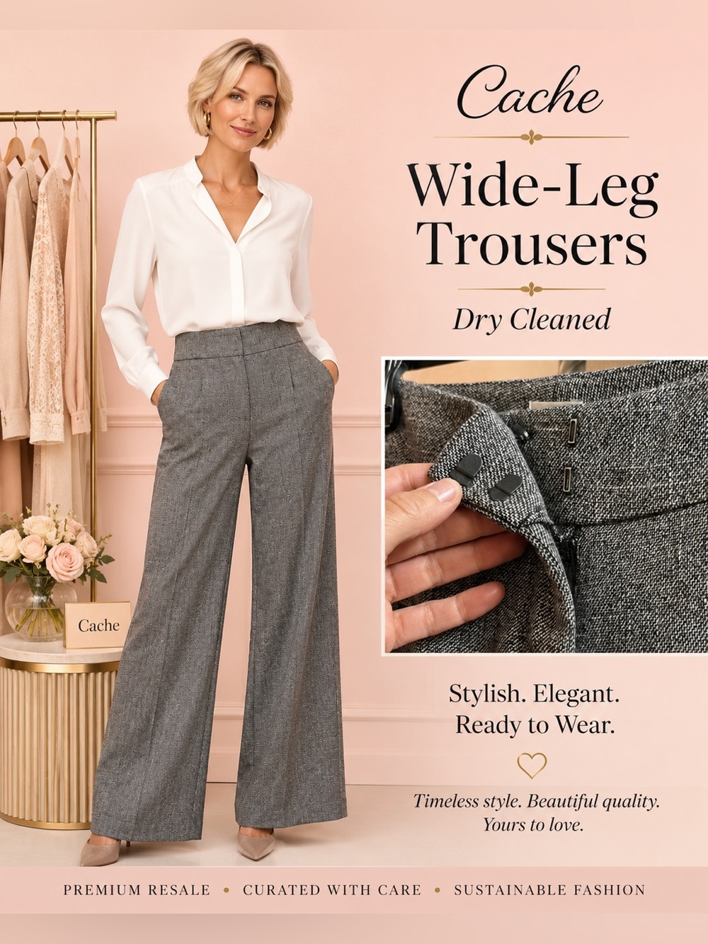 Cache dry cleaned worn once Trousers wrinkled from being packed